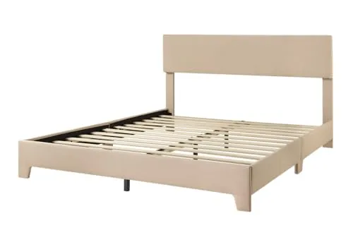 Allewie Full Size Bed Frame with Adjustable Headboard, Upholstered Platform Bed with Wood Slats, Heavy Duty Mattress Foundation, No Box Spring Needed, Noise-Free, Easy Assembly, Beige