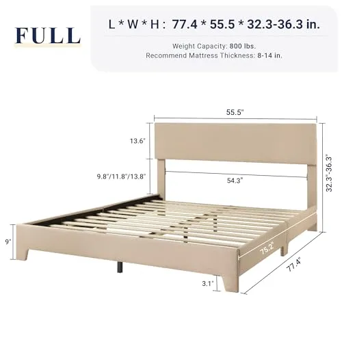 Allewie Full Size Bed Frame with Adjustable Headboard, Upholstered Platform Bed with Wood Slats, Heavy Duty Mattress Foundation, No Box Spring Needed, Noise-Free, Easy Assembly, Beige