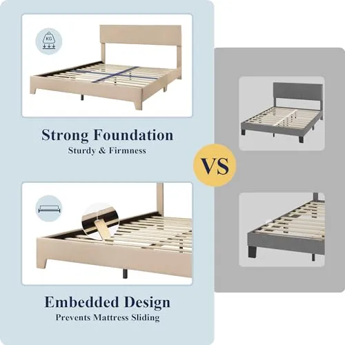 Allewie Full Size Bed Frame with Adjustable Headboard, Upholstered Platform Bed with Wood Slats, Heavy Duty Mattress Foundation, No Box Spring Needed, Noise-Free, Easy Assembly, Beige