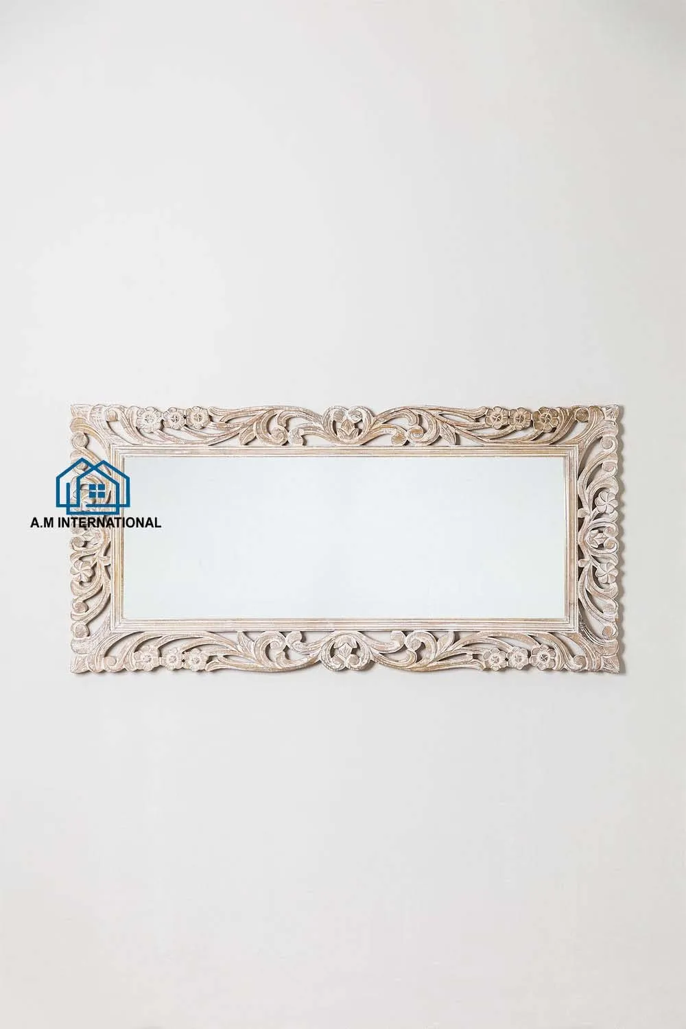 A.M INTERNATIONAL Wooden Carved Decorative Rectangular Wall Mirror Frame In Solid Mango Wood Without Mirror (Size 5 * 3 Ft) (White) (White Distress)