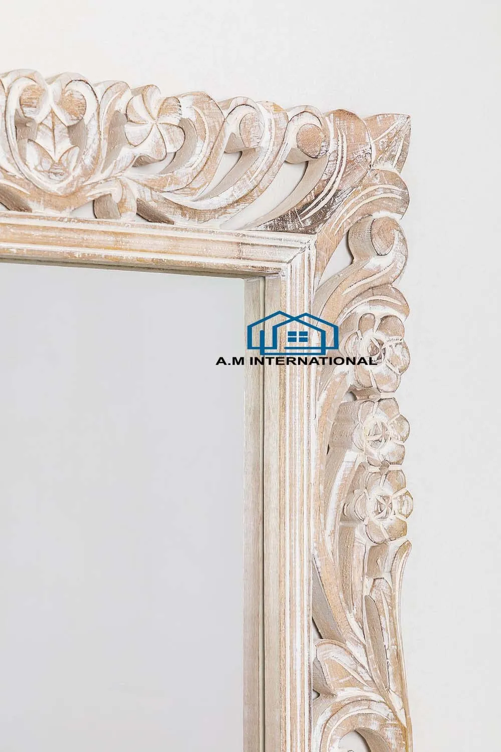 A.M INTERNATIONAL Wooden Carved Decorative Rectangular Wall Mirror Frame In Solid Mango Wood Without Mirror (Size 5 * 3 Ft) (White) (White Distress)