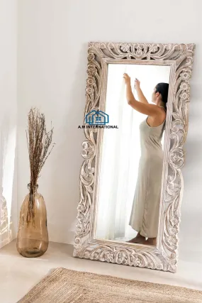 A.M INTERNATIONAL Wooden Carved Decorative Rectangular Wall Mirror Frame In Solid Mango Wood Without Mirror (Size 5 * 3 Ft) (White) (White Distress)