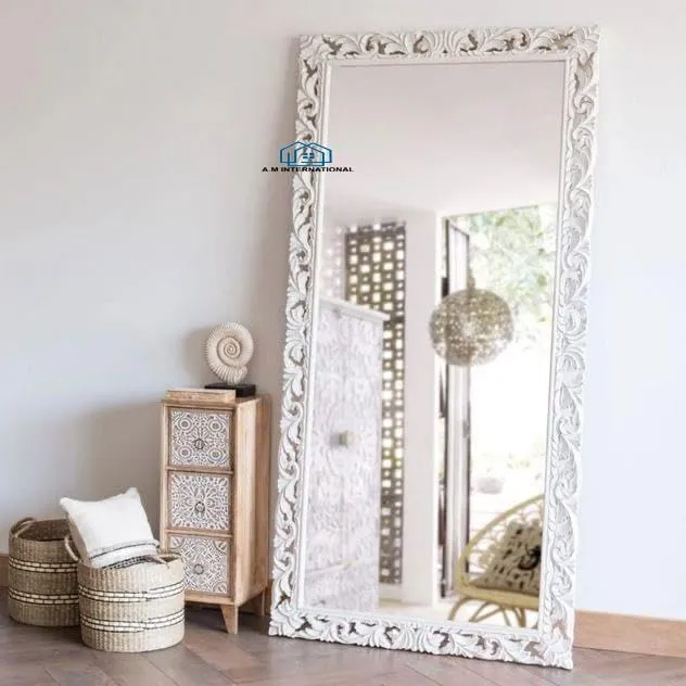 A.M International Wooden Carved Wall Mirror Frame Solid Wood, Distress Finish | With Out Mirror | Size 6 * 3 Ft (White Distress) - Rectangular