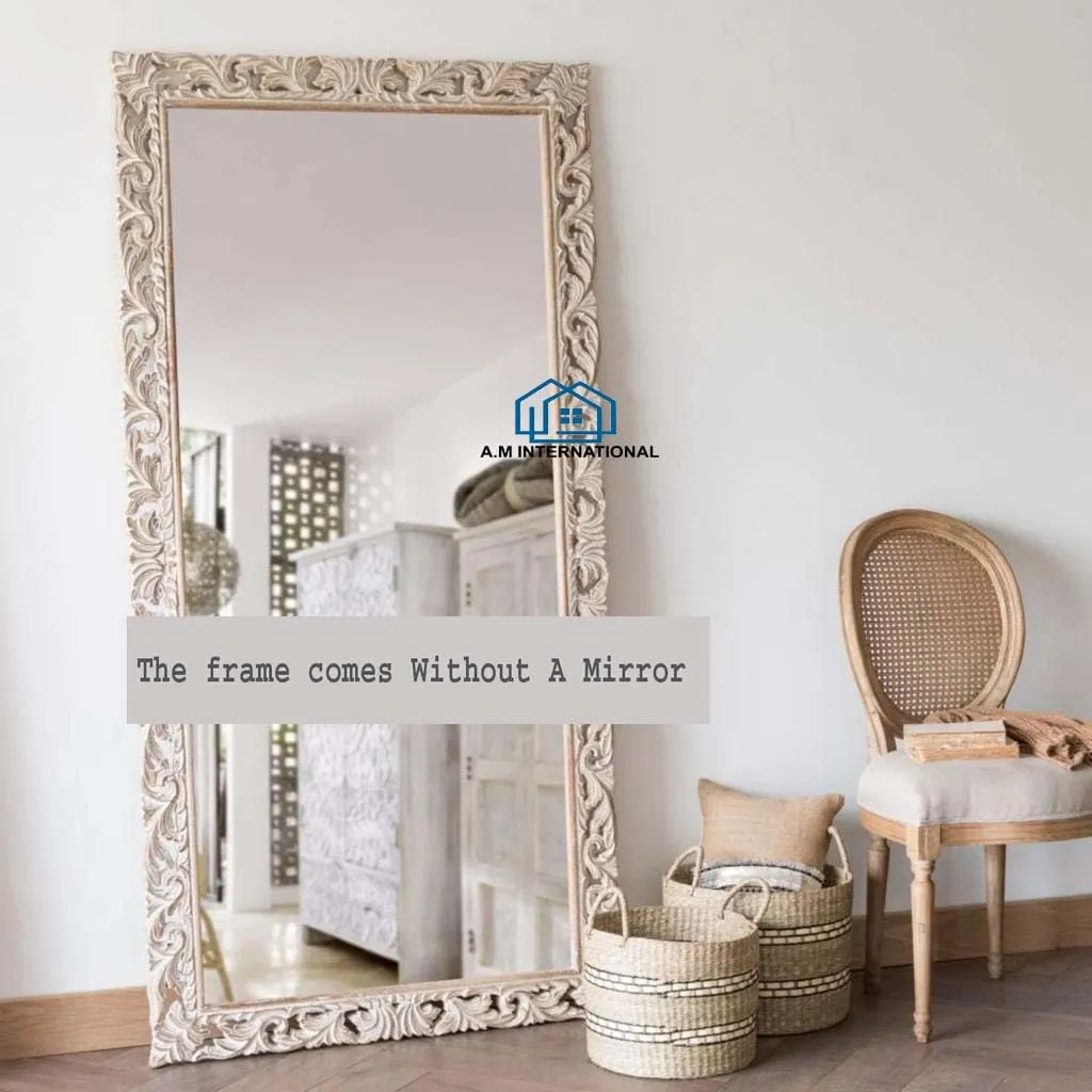 A.M International Wooden Carved Wall Mirror Frame Solid Wood, Distress Finish | With Out Mirror | Size 6 * 3 Ft (White Distress) - Rectangular