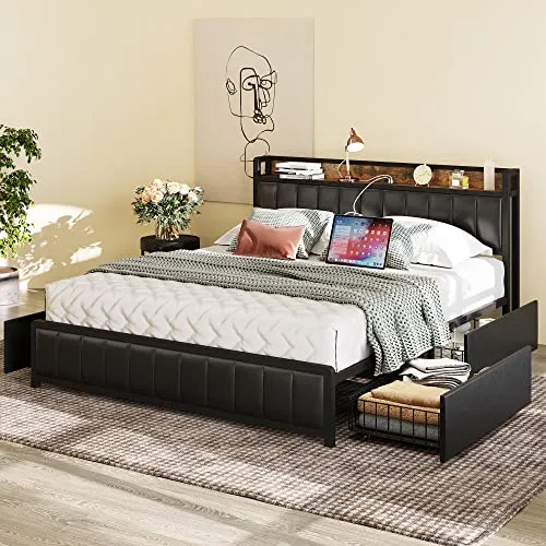 ANCTOR Queen Bed Frame with Storage Drawers Headboard and Footboard, Upholstered Platform Bed with USB Ports and Outlets, No Box Spring Needed