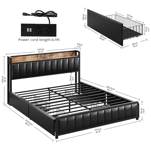 ANCTOR Queen Bed Frame with Storage Drawers Headboard and Footboard, Upholstered Platform Bed with USB Ports and Outlets, No Box Spring Needed