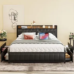 ANCTOR Queen Bed Frame with Storage Drawers Headboard and Footboard, Upholstered Platform Bed with USB Ports and Outlets, No Box Spring Needed