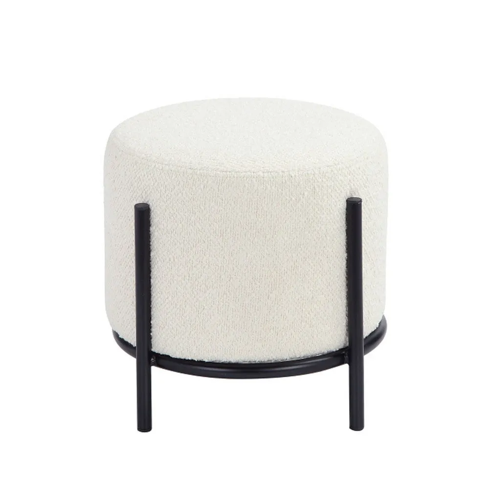 Aop 13 Inch Boucle Ottoman Stool, Round Cushioned Seat, White Boucle, Black By Casagear Home