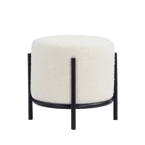 Aop 13 Inch Boucle Ottoman Stool, Round Cushioned Seat, White Boucle, Black By Casagear Home