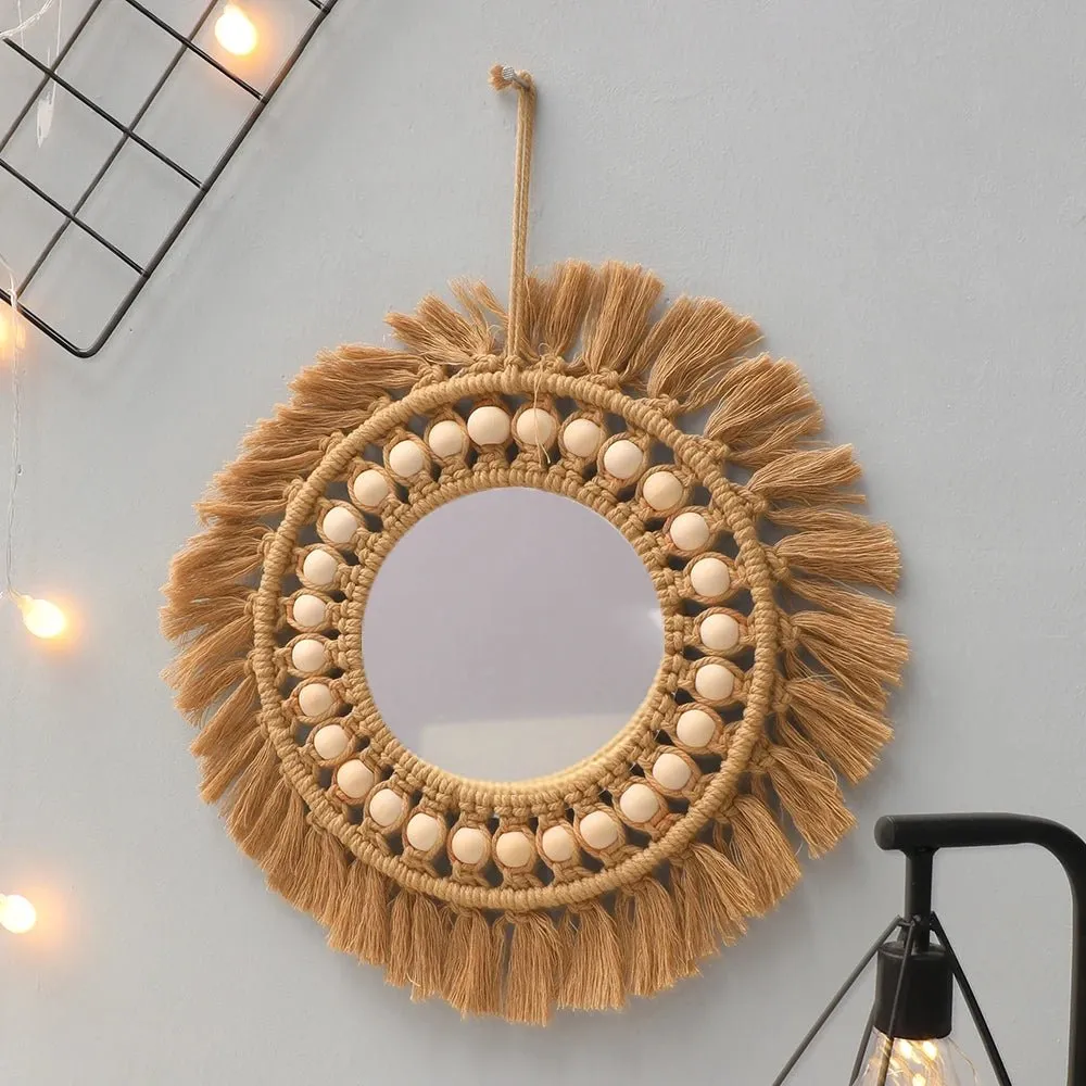 Brown Wood Beads Hand Woven Wall Mirror