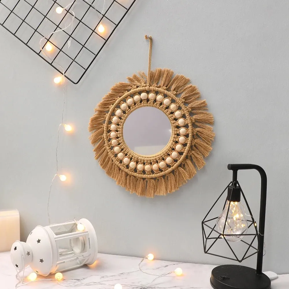 Brown Wood Beads Hand Woven Wall Mirror