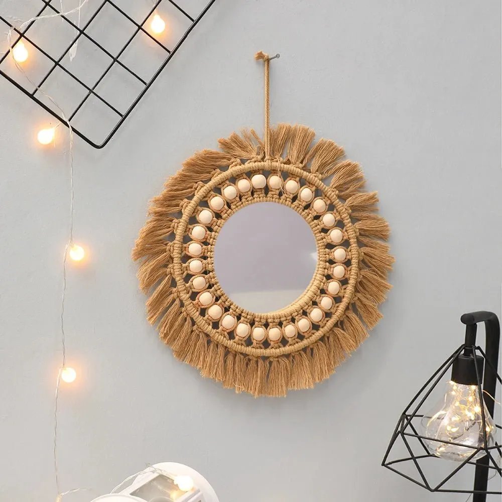 Brown Wood Beads Hand Woven Wall Mirror