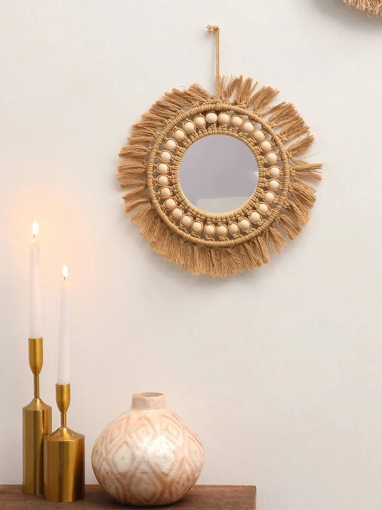 Brown Wood Beads Hand Woven Wall Mirror