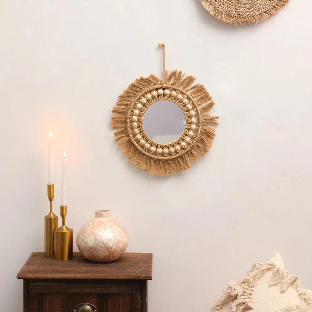 Brown Wood Beads Hand Woven Wall Mirror