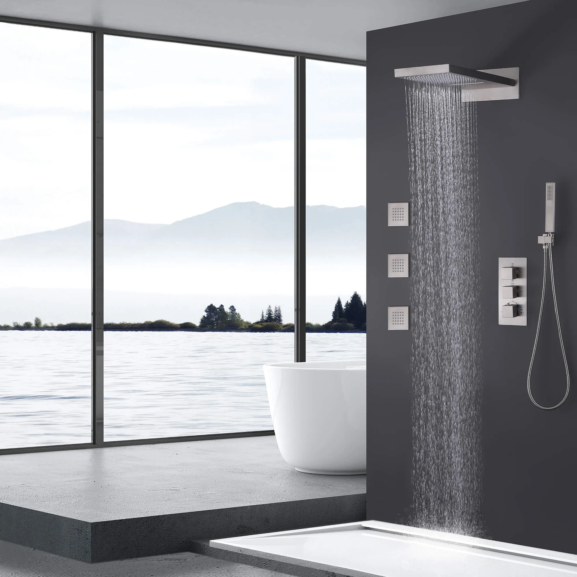 Brushed Nickel Thermostatic Shower System with 3pcs Body Jets Spray RB1119