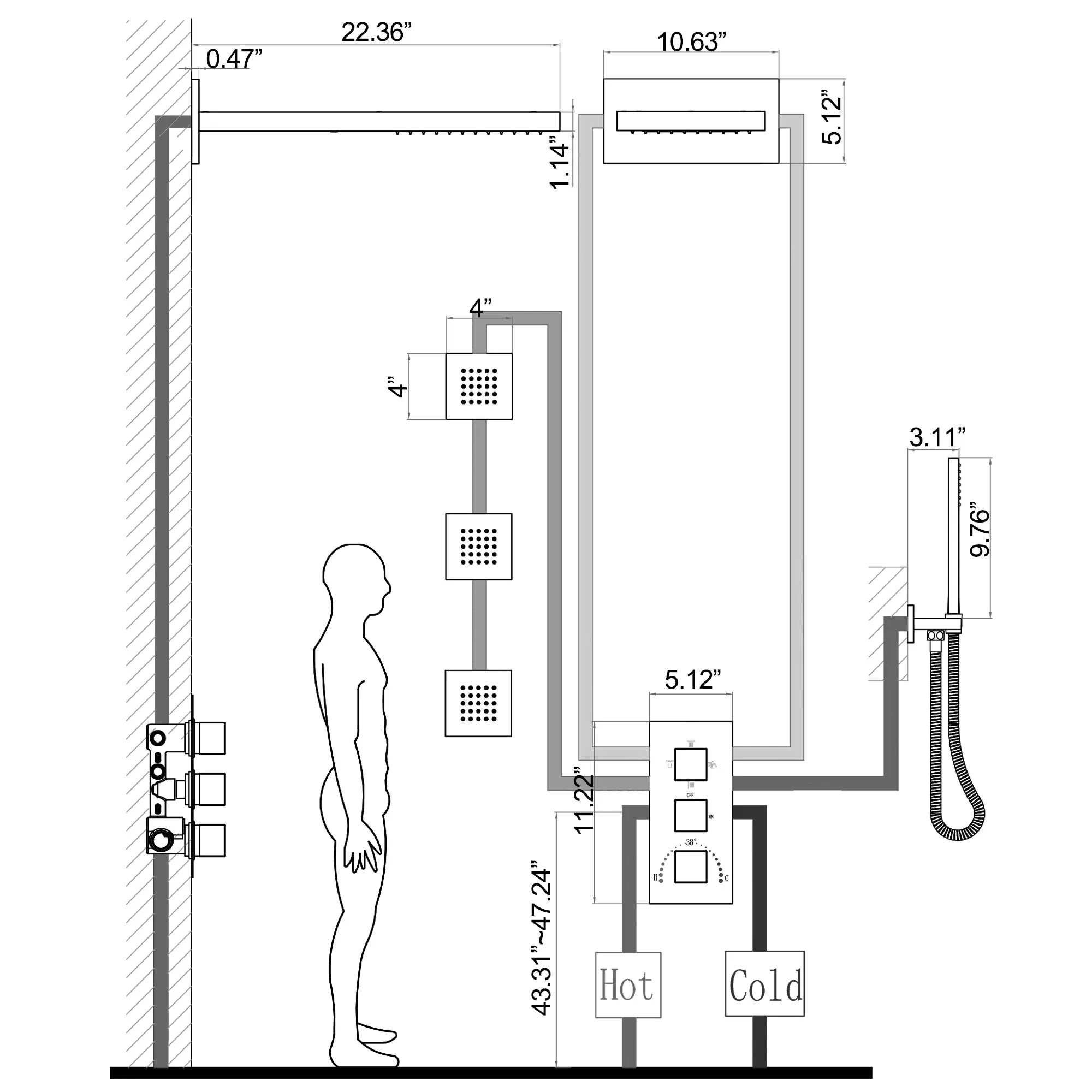 Brushed Nickel Thermostatic Shower System with 3pcs Body Jets Spray RB1119