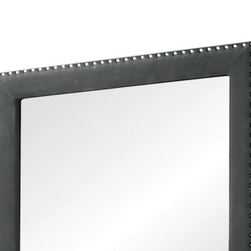 Cale 40 Inch Modern Portrait Mirror, Velvet Upholstery, Nailhead Trim, Gray By Casagear Home