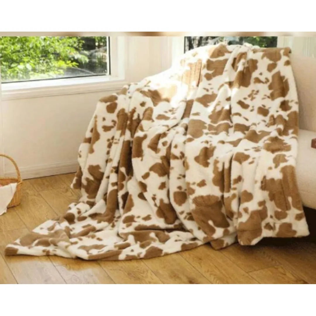 Cow Print Cozy Blanket - Tan