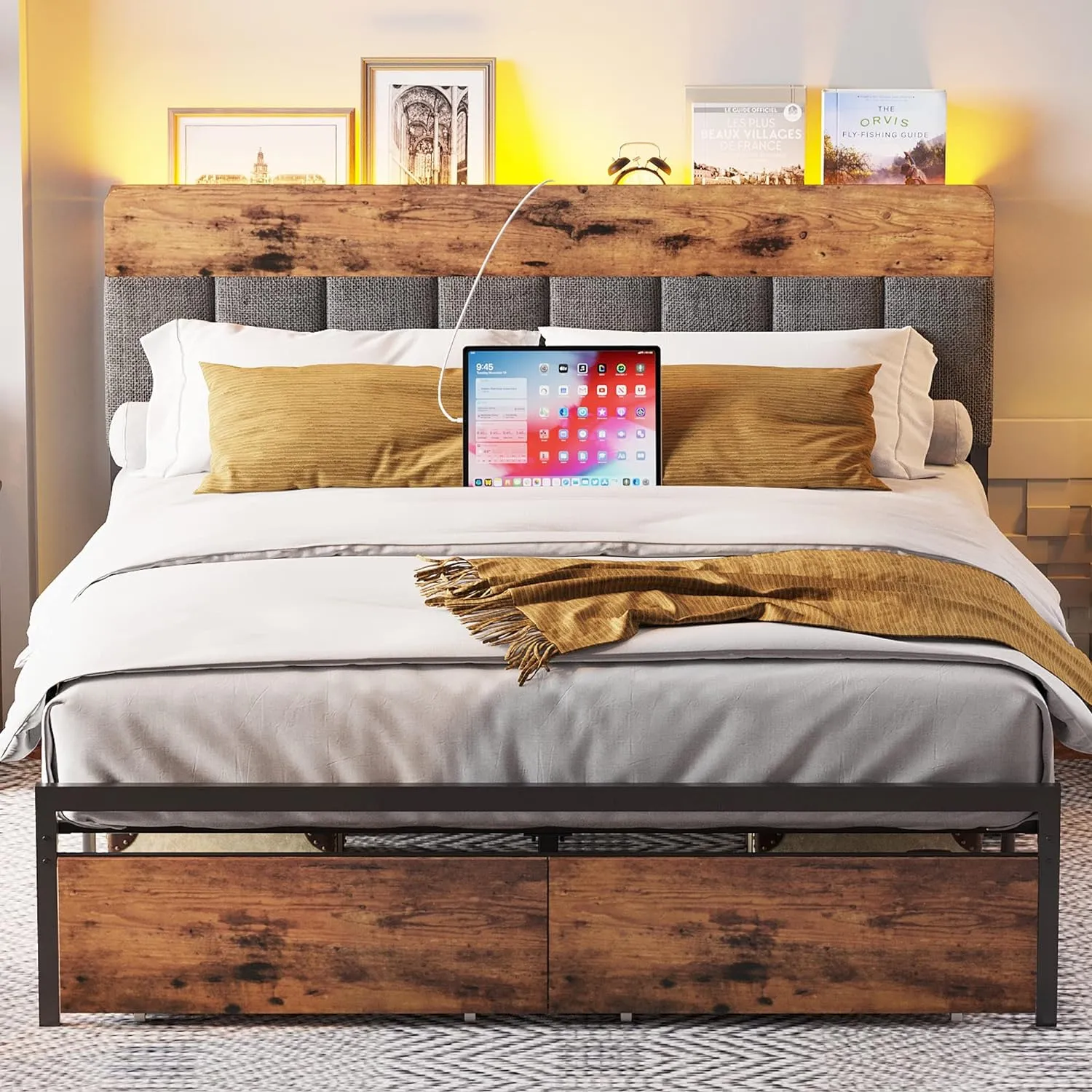 Full Bed Frame with Storage Headboard, Drawers, LED Light, Charging Station