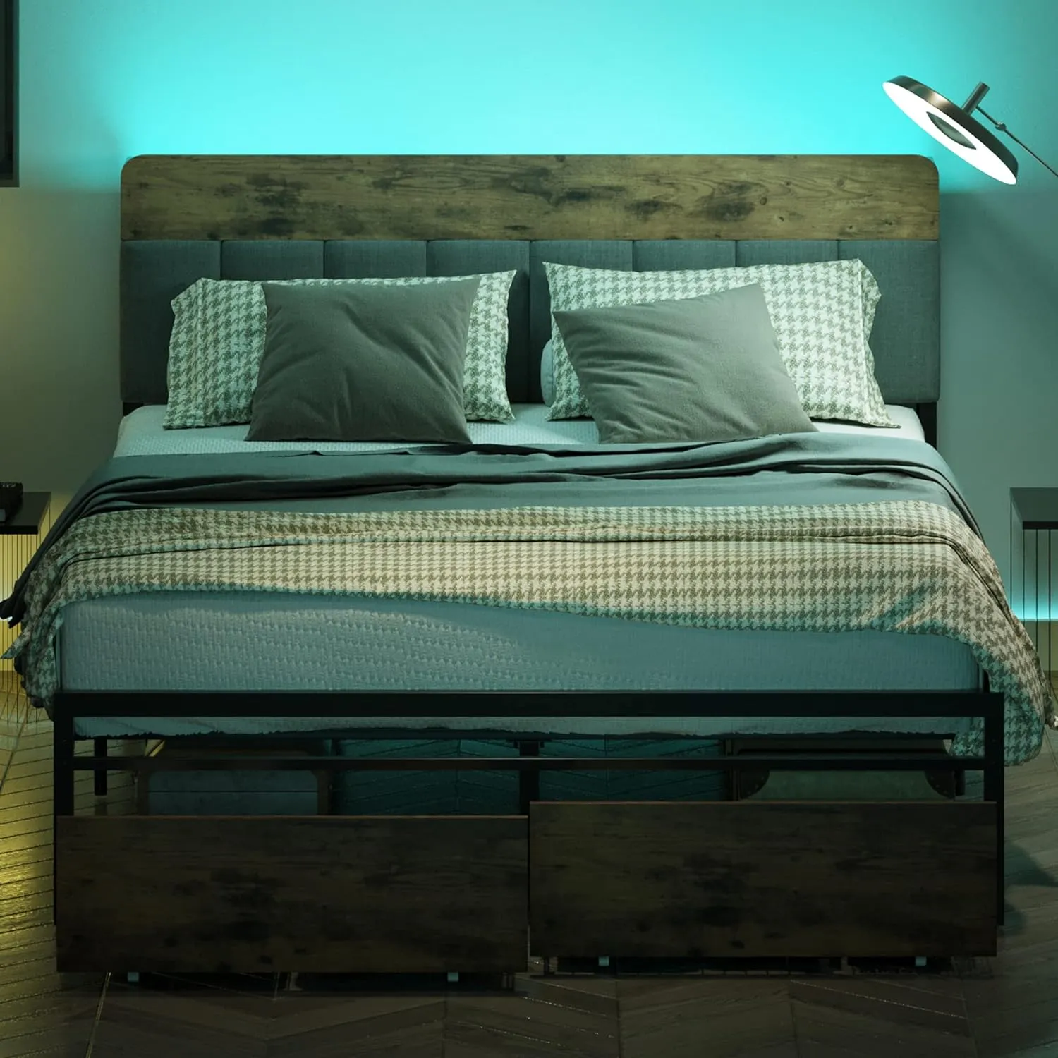 Full Bed Frame with Storage Headboard, Drawers, LED Light, Charging Station