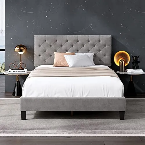 Full Size Bed Frame, Modern Upholstered Platform Bed (Grey, Full)