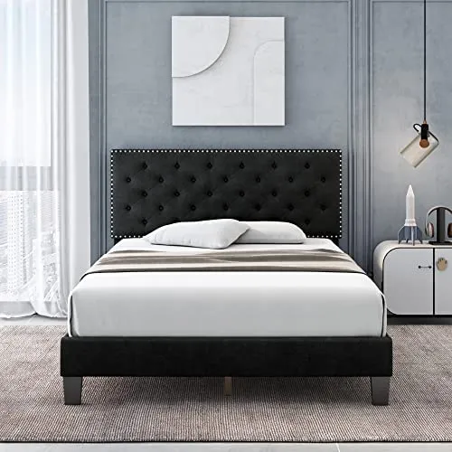 Full Size Bed Frame, Modern Upholstered Platform Bed (Grey, Full)