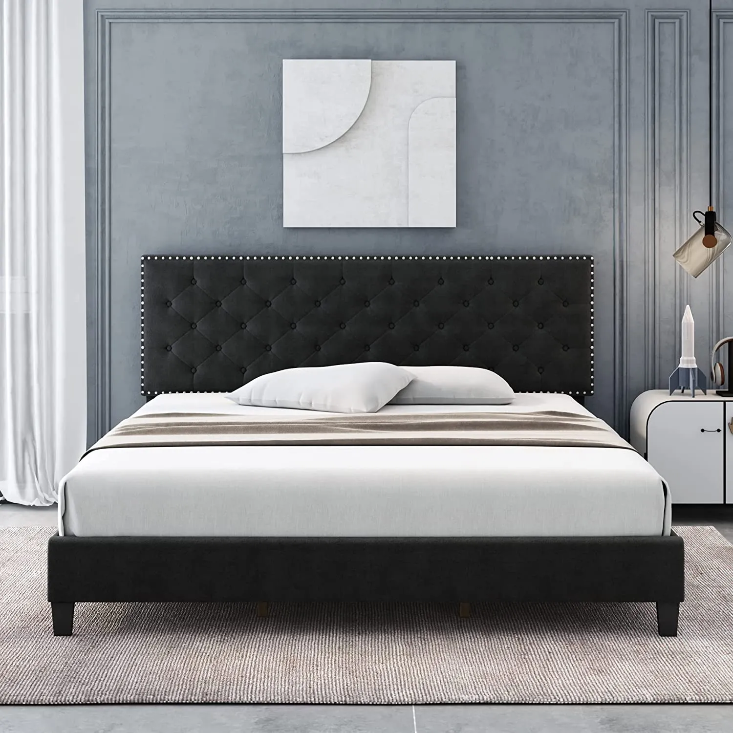 Full Size Bed Frame, Modern Upholstered Platform Bed (Grey, Full)