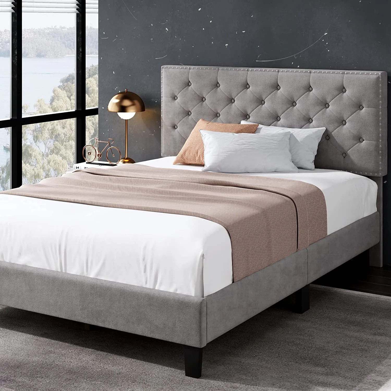 Full Size Bed Frame, Modern Upholstered Platform Bed (Grey, Full)