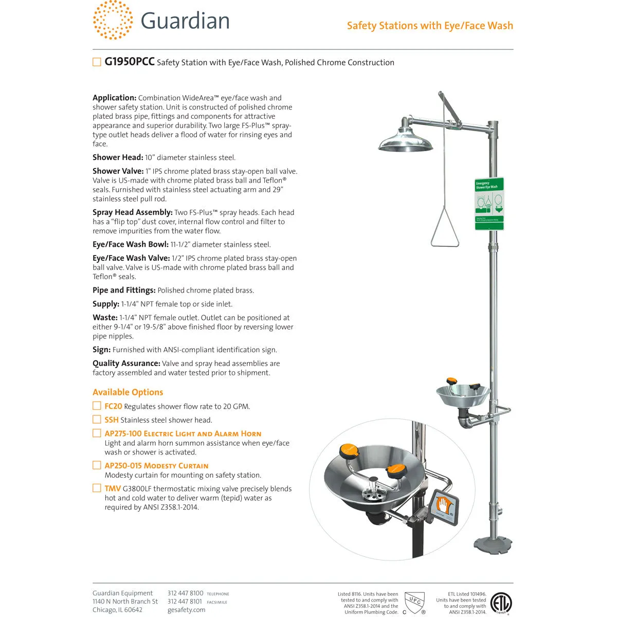 Guardian G1950PCC Combination Drench Shower with Eye/Face Wash, Chrome