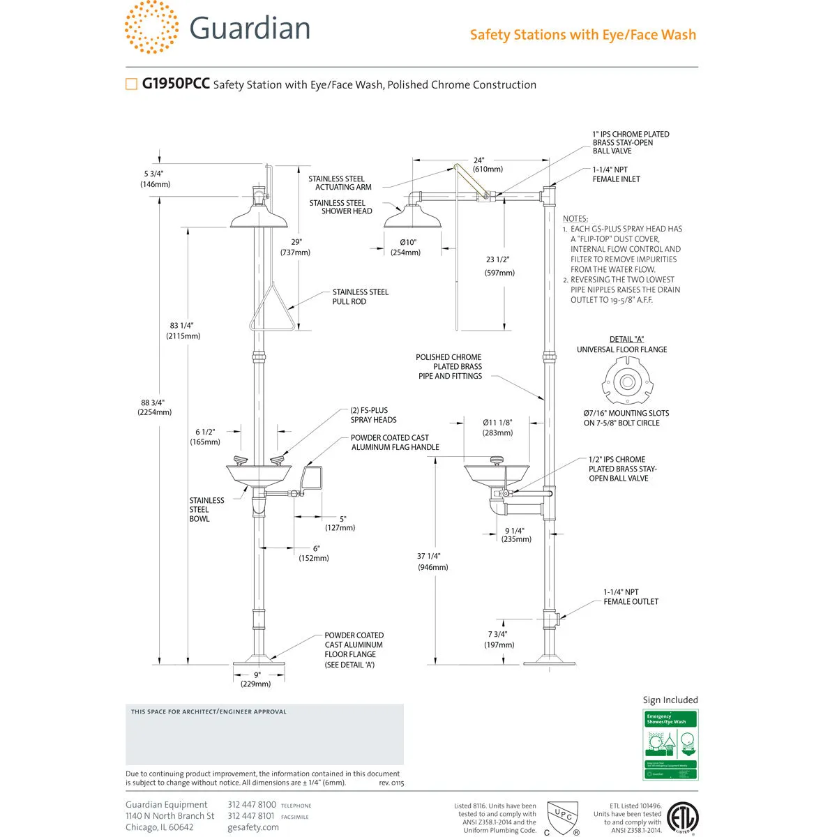 Guardian G1950PCC Combination Drench Shower with Eye/Face Wash, Chrome