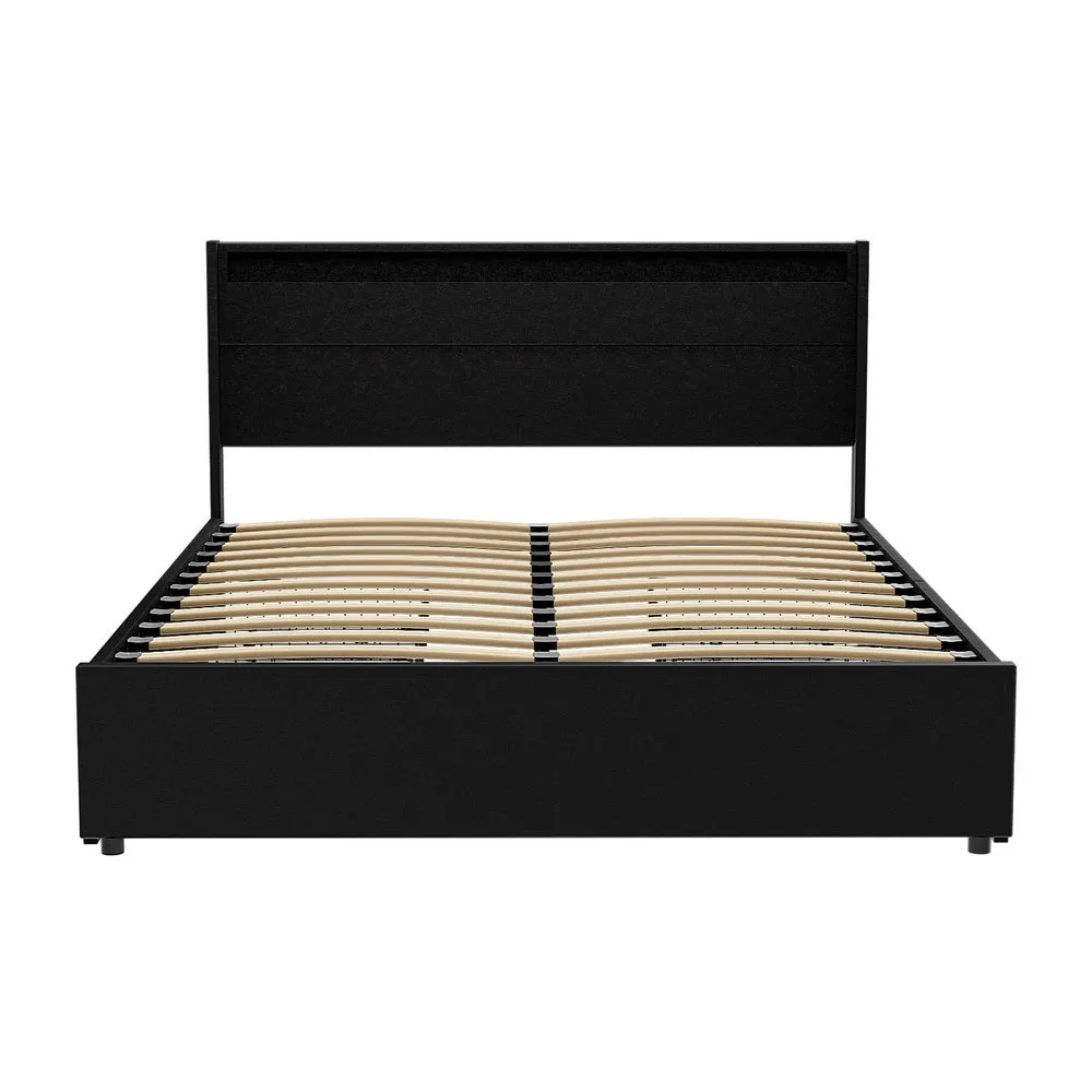 Hanny Bed Frame LED with 4 Drawers - Black Queen