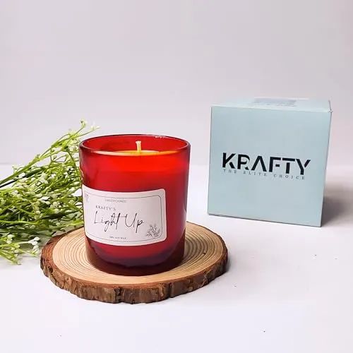 Krafty's Light Up Smoke-Less Lemon Scented Red Colour Candle Jar 150gm, 100-120 Hrs | 100% Soy Wax | Scented Candle for Home Decor | Scented Candles Gift Set| Soy Wax Candles