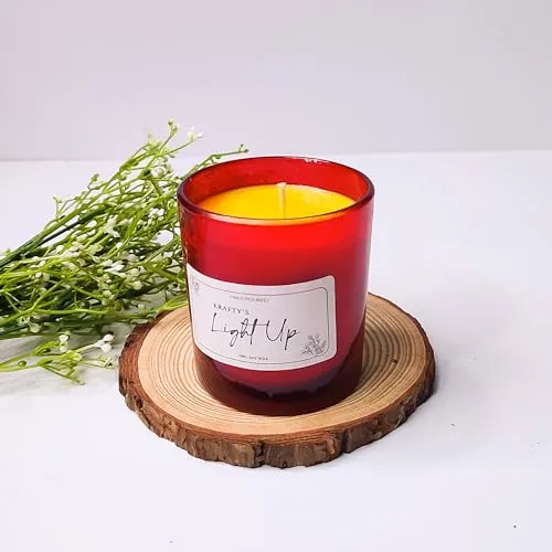 Krafty's Light Up Smoke-Less Lemon Scented Red Colour Candle Jar 150gm, 100-120 Hrs | 100% Soy Wax | Scented Candle for Home Decor | Scented Candles Gift Set| Soy Wax Candles