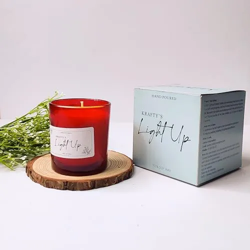 Krafty's Light Up Smoke-Less Lemon Scented Red Colour Candle Jar 150gm, 100-120 Hrs | 100% Soy Wax | Scented Candle for Home Decor | Scented Candles Gift Set| Soy Wax Candles