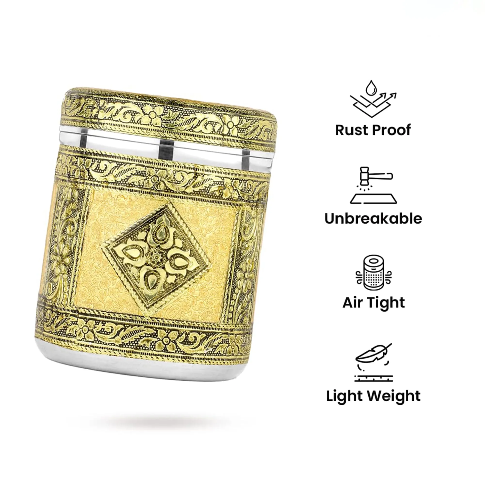 Kuber Industries 1200ml Rexine Crafted Stainless Steel Containers for Kitchen with Lid | Aesthetic Multipurpose Storage Canister for Kitchen Organizer | Steel Dabba/Box for Home | Gold