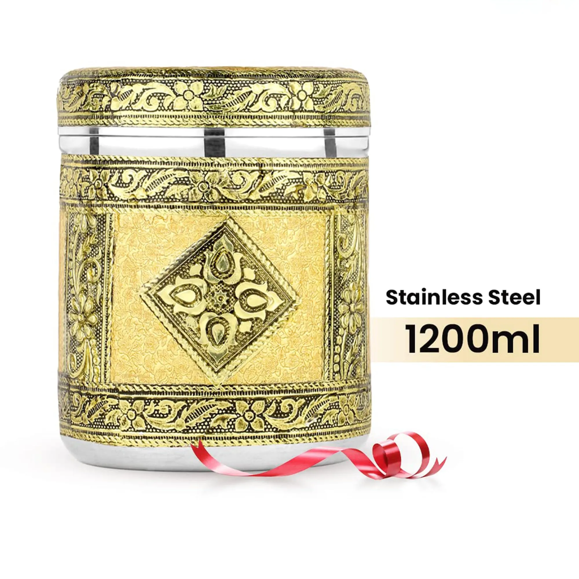 Kuber Industries 1200ml Rexine Crafted Stainless Steel Containers for Kitchen with Lid | Aesthetic Multipurpose Storage Canister for Kitchen Organizer | Steel Dabba/Box for Home | Gold