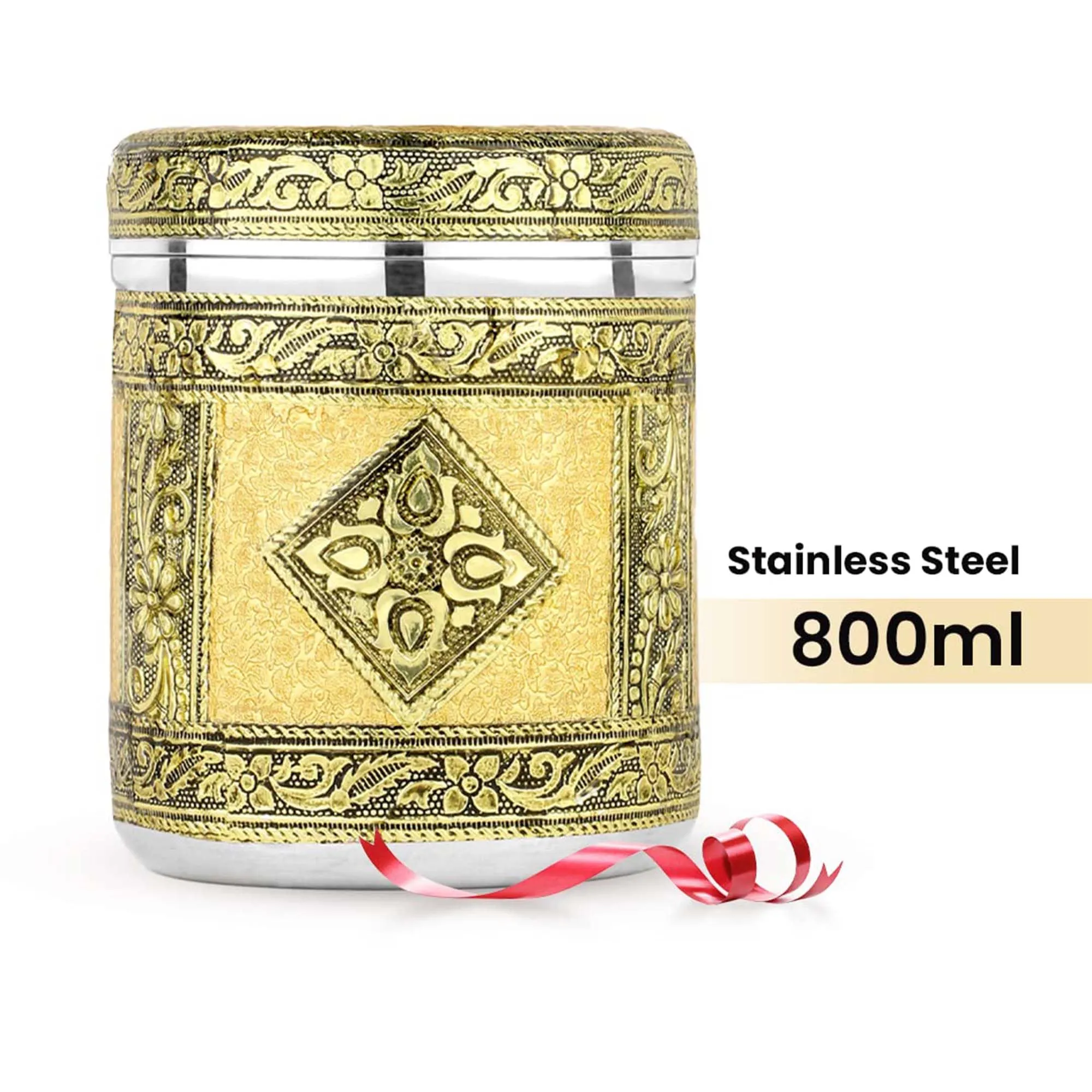 Kuber Industries 800ml Rexine Crafted Stainless Steel Containers for Kitchen with Lid | Aesthetic Multipurpose Storage Canister for Kitchen Organizer | Steel Dabba/Box for Home | Gold