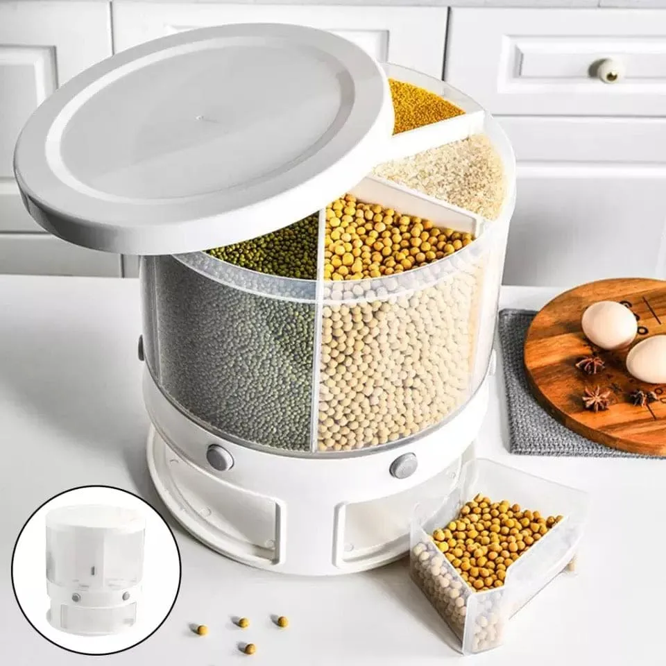 Large Capacity 6 Grids Grain Cereals Storage Container, Rotating Can For Bulk Cereals, Moisture Insect Proof Grain Organizer,  Rotating Storage Container For Rice Nuts Beans, Dry Snacks Rice Bucket