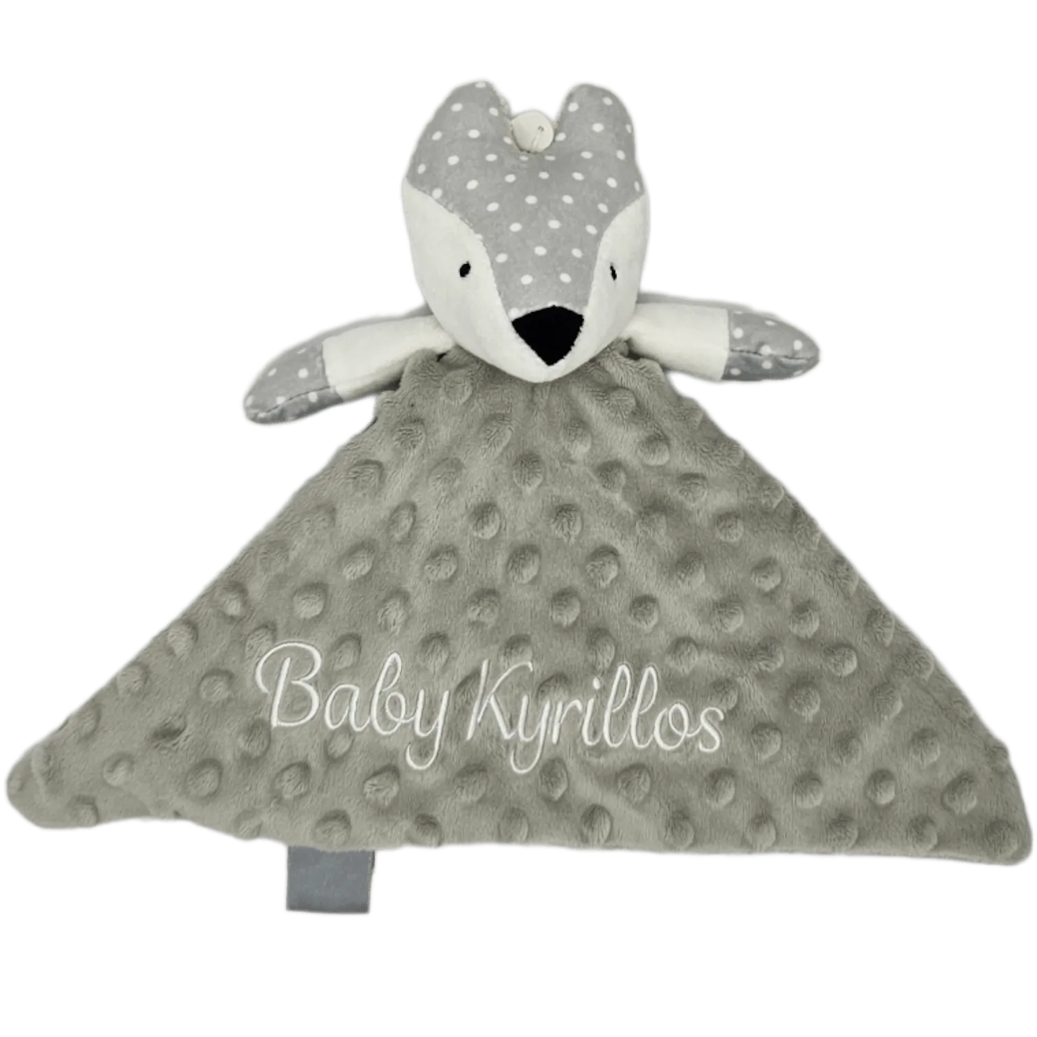 Minky Grey Rattle Fox Personalised Baby Comforter