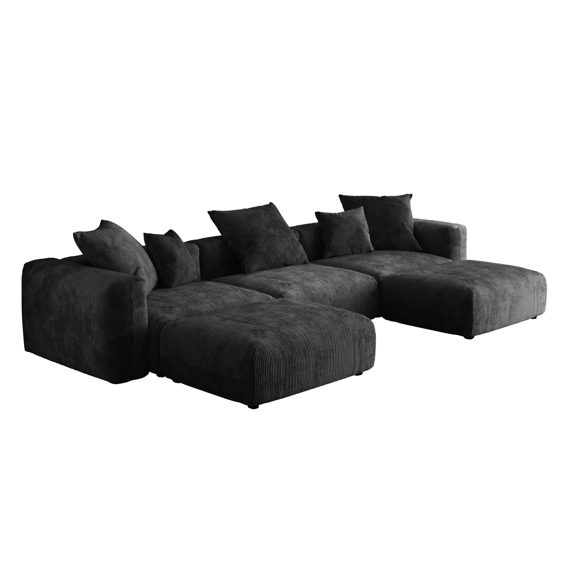 Modular Sectional Sofa, Corduroy U Shaped Sofa Couch with Chaise Ottomans - Black