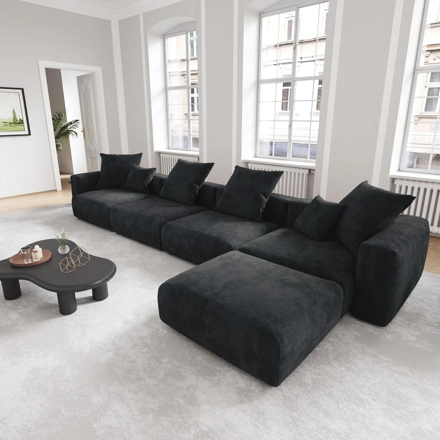 Modular Sectional Sofa, Corduroy U Shaped Sofa Couch with Chaise Ottomans - Black