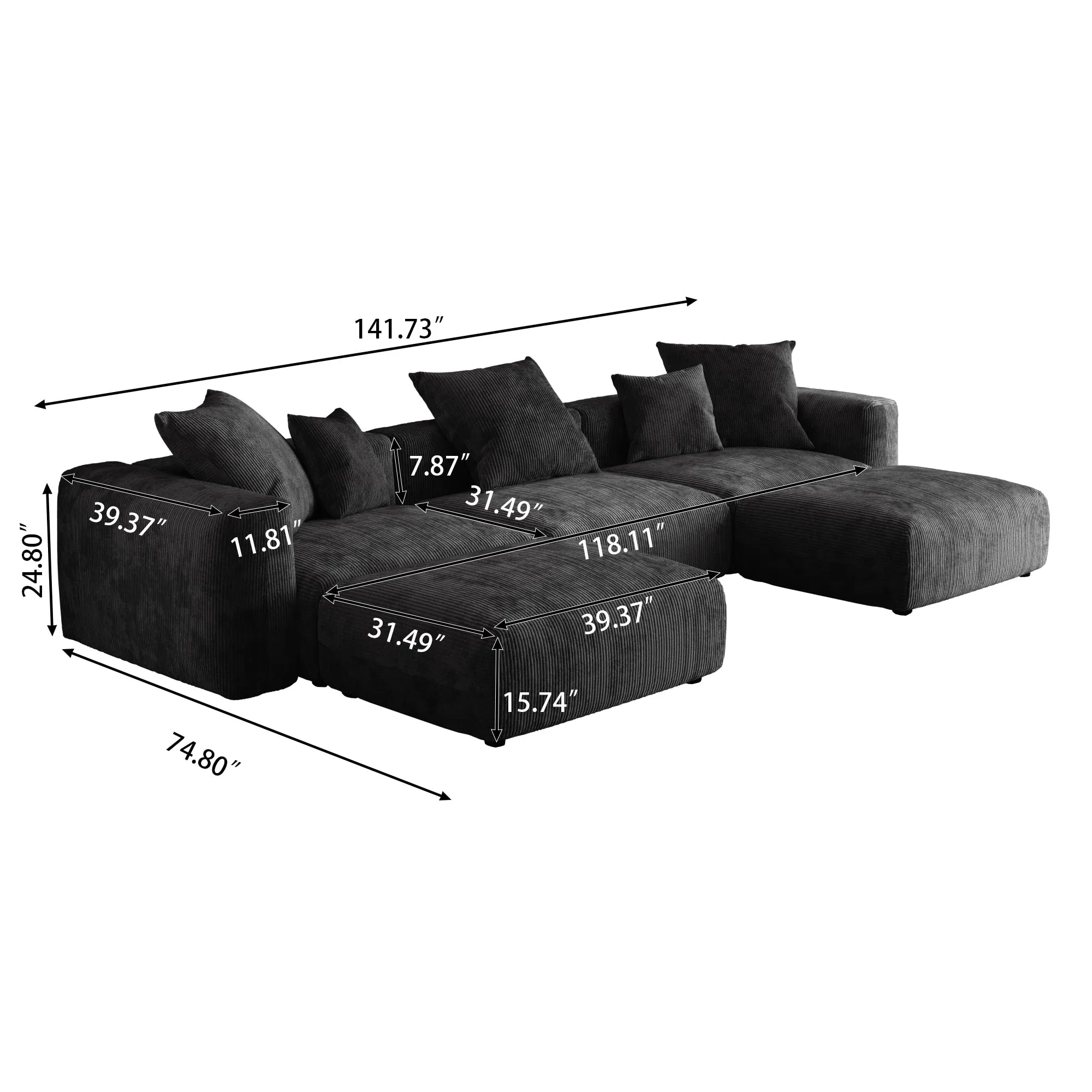 Modular Sectional Sofa, Corduroy U Shaped Sofa Couch with Chaise Ottomans - Black