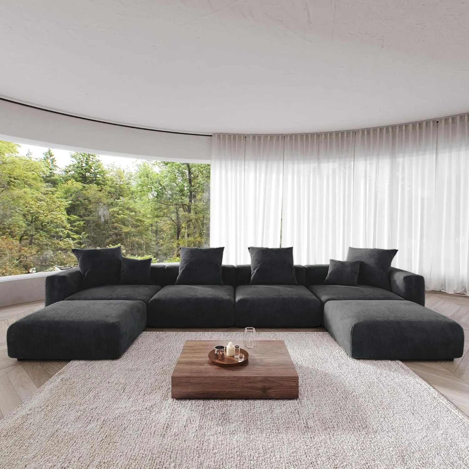 Modular Sectional Sofa, Corduroy U Shaped Sofa Couch with Chaise Ottomans - Black