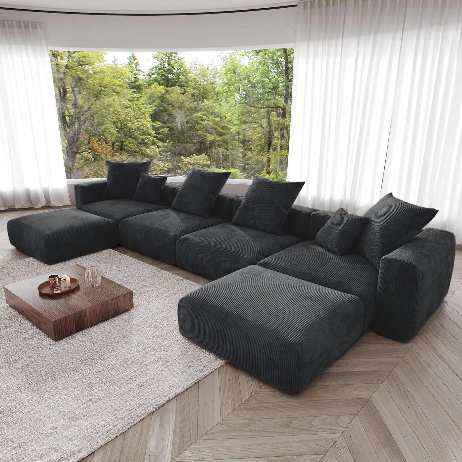 Modular Sectional Sofa, Corduroy U Shaped Sofa Couch with Chaise Ottomans - Black