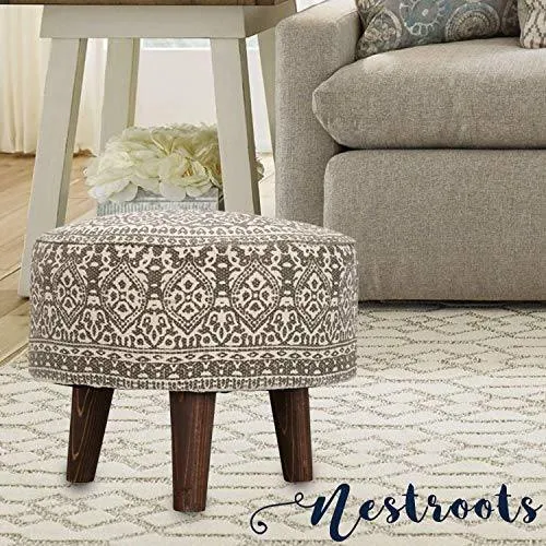 Nestroots Printed Ottoman Cushion Footrest Stool Pouf - 4 Wooden Legs Added Stability (Off-White Printed)