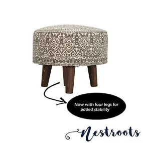 Nestroots Printed Ottoman Cushion Footrest Stool Pouf - 4 Wooden Legs Added Stability (Off-White Printed)