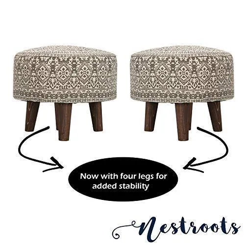 Nestroots Printed Ottoman Cushion Footrest Stool Pouf - 4 Wooden Legs Added Stability (Off-White Printed)