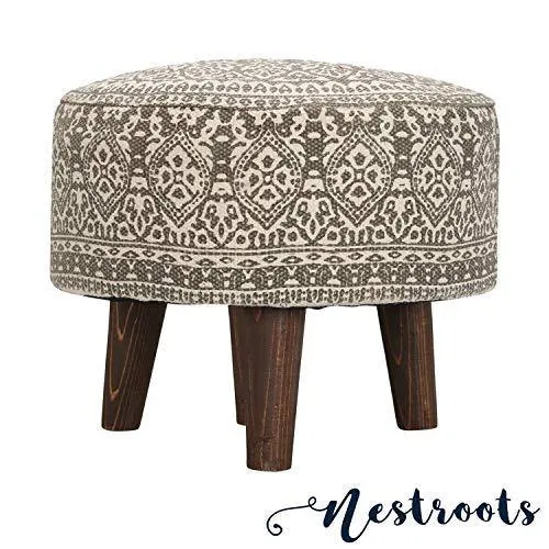 Nestroots Printed Ottoman Cushion Footrest Stool Pouf - 4 Wooden Legs Added Stability (Off-White Printed)