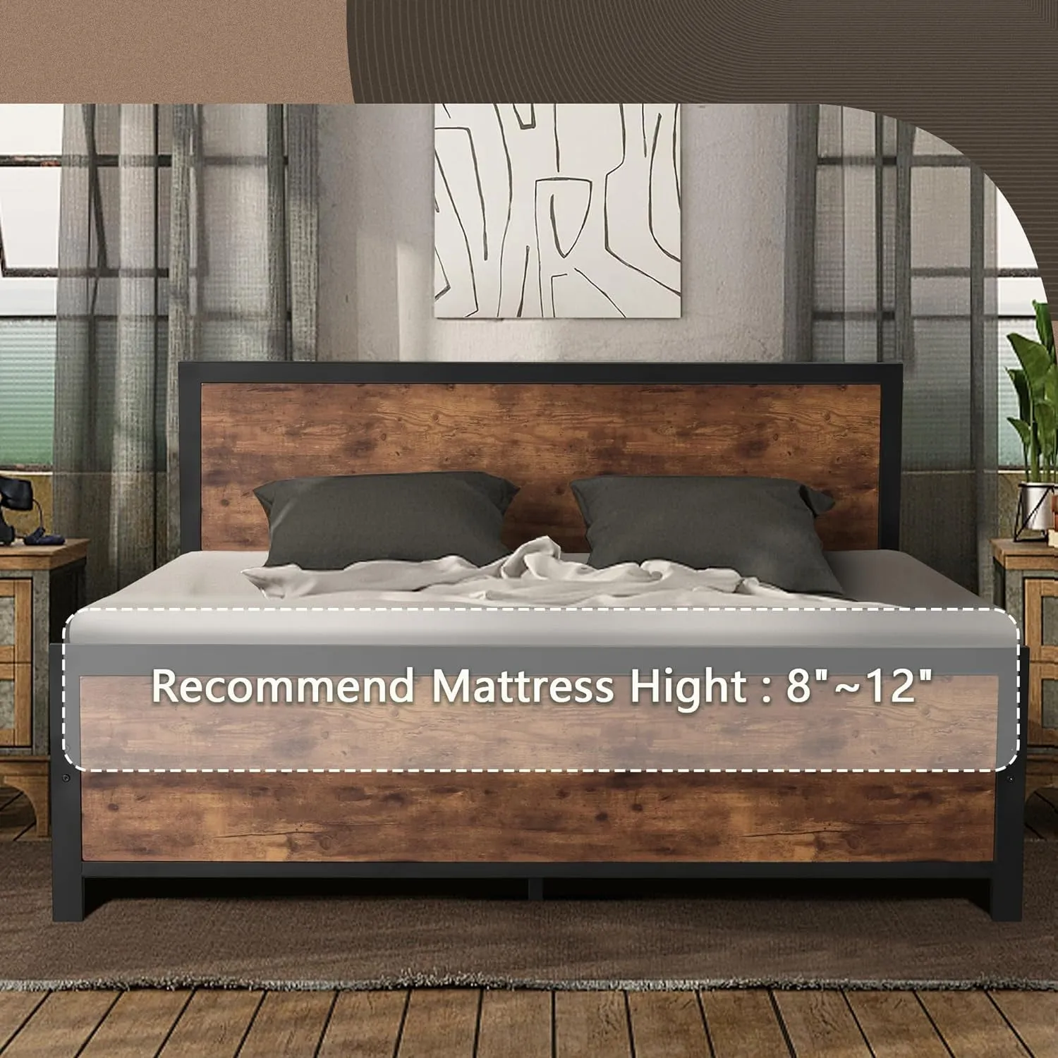 Queen Bed Frame with Headboard | Rustic Brown