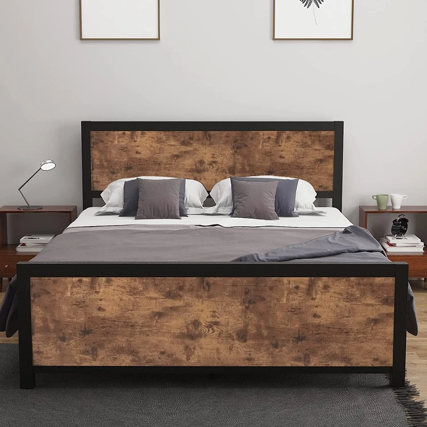 Queen Bed Frame with Headboard | Rustic Brown